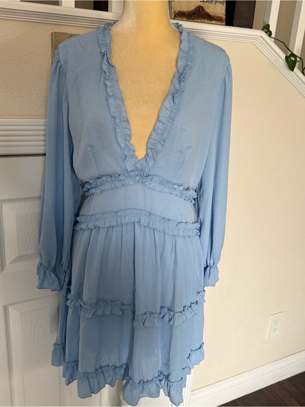 Light Blue Ruffle V-Neck Dress